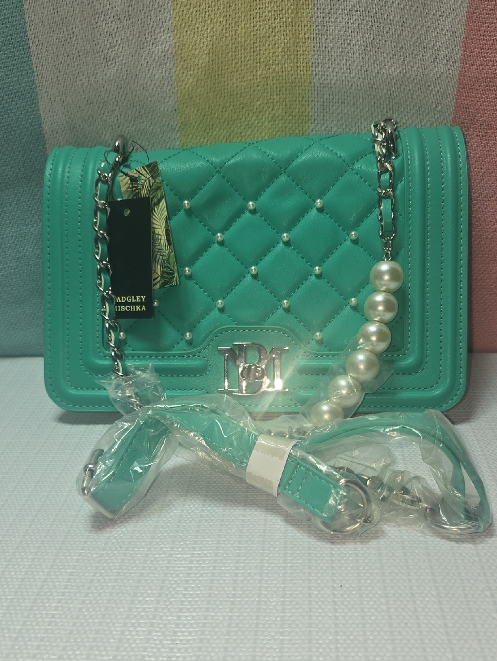 Badgley Mischka Quilted Pearl Crossbody Bag Vegan Leather Mint NWT